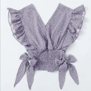 Ruffle Armhole Shirred Hem Polka-Dot Top